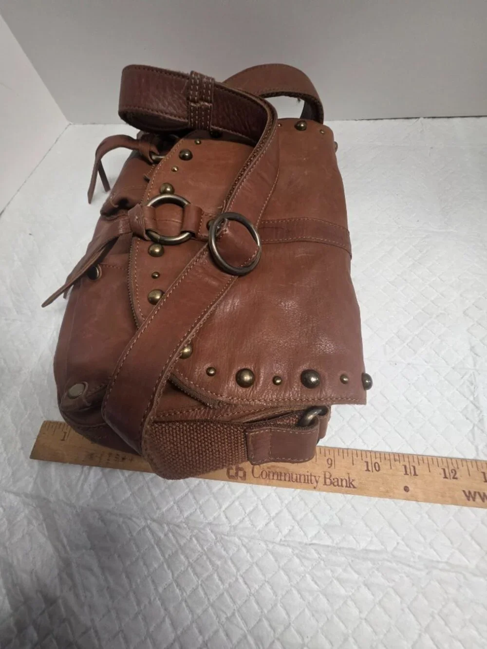 Lucky Brand‎ Tan Leather Studded Crossbody Messenger Bag Boho Tassel Brown